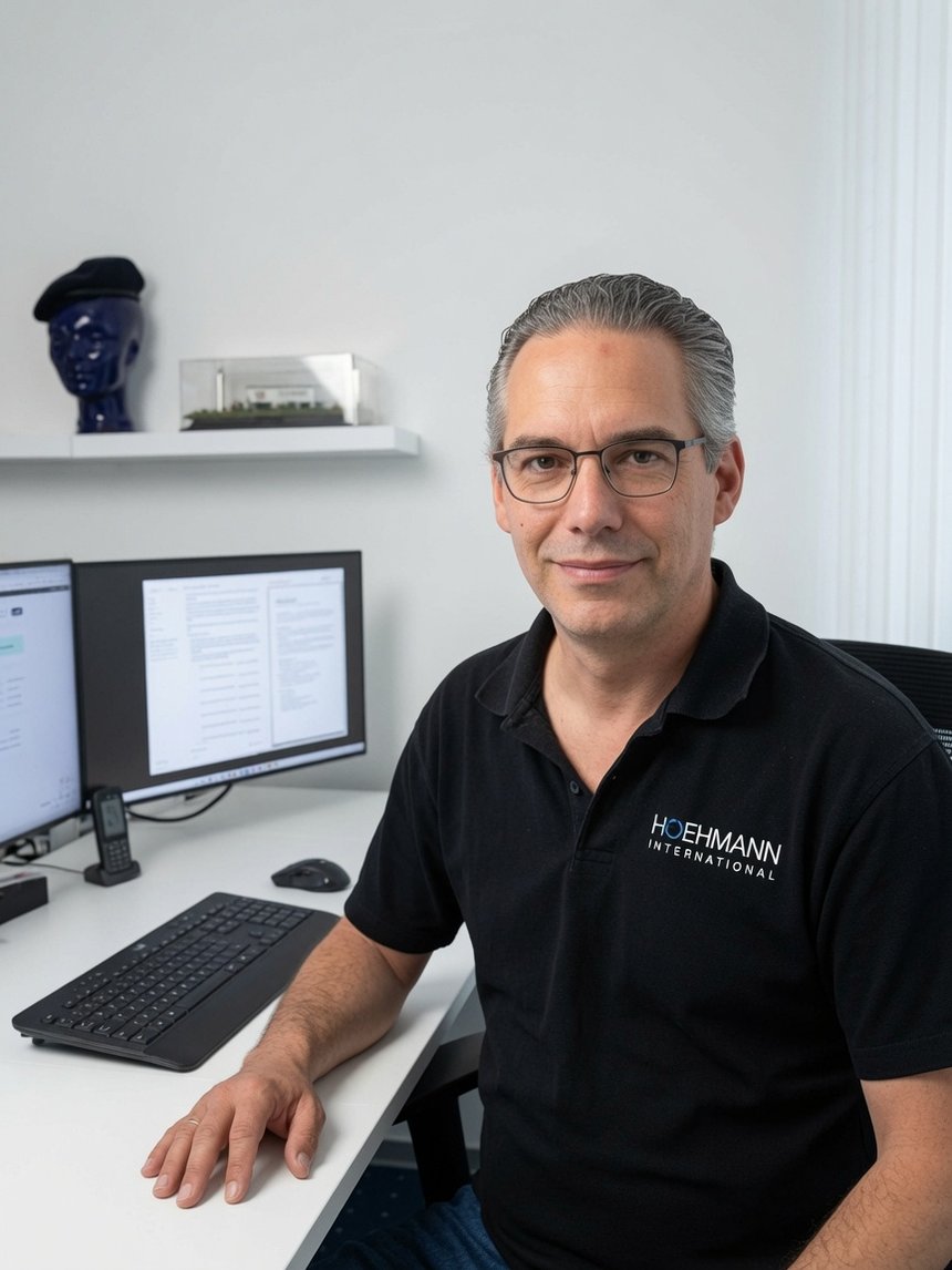 Mike Höhmann arbeitet im Büro mit dem eigenen System